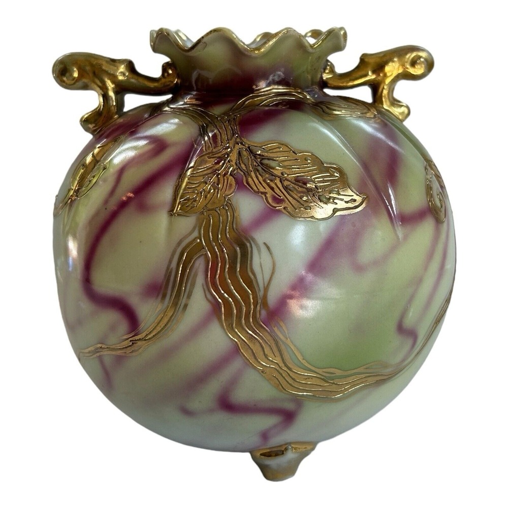 Antique Morimura Gumi Porcelain Gold Leaf Floral‎ Vase -Maple Leaf Nippon